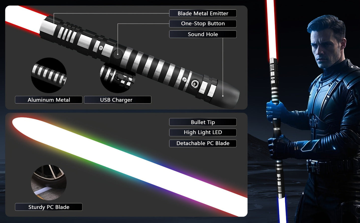 Light Up Dueling Saber 78" with 16 Color Lights & 3 Movie Sounds, 2-in-1 Dark Phantom Sword Single or Double Player