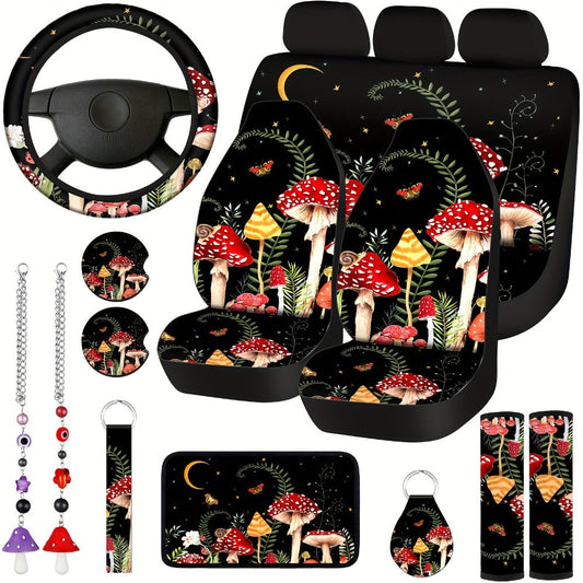 Car Seat Covers 17-Piece Red and Black Forest Mushroom Pattern Interior Accessory Set for Cabin Styling