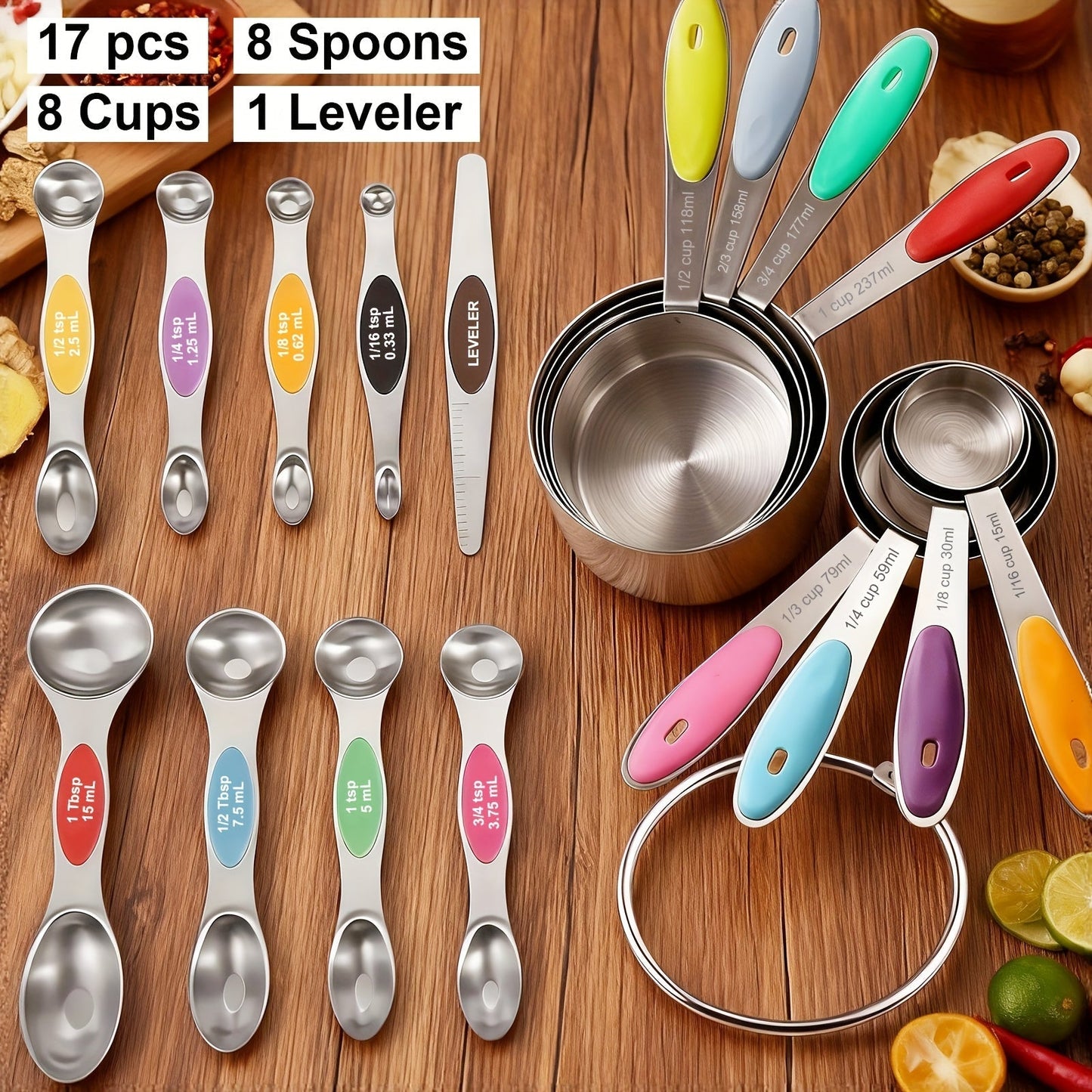 Stainless Steel Measuring Cups and Spoons Set 17 Piece – 8 Measuring Cups, 8 Double-Sided Spoons & 1 Leveler for Baking