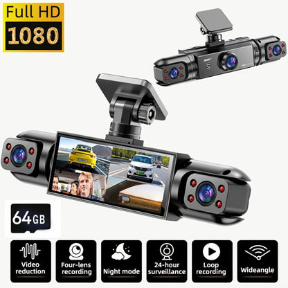 360° Panoramic Dash Cam 3 & 4 Lens 1080P HD Front + 720P Rear Left Right, Quad-Split Screen, HD Night Vision WDR G-Sensor Loop Recording