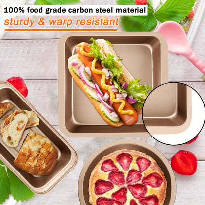 Nonstick Bakeware Set Stackable Space-Saving - Round & Square Pans, Waffle Tray, Cookie Sheet, Carbon Steel Baking Pan Set for Oven