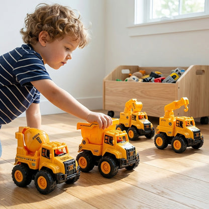 4-Piece Construction Truck Set for Kids, Excavator Dump Truck Crane Cement Mixer Sandbox STEM Engineering Vehicle Playset