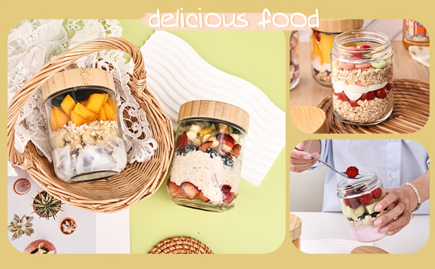 Glass Jar Food Storage Organizer with Bamboo Lids, Wide Mouths, Four-Pack 16oz or Six-Pack Spoon Sets