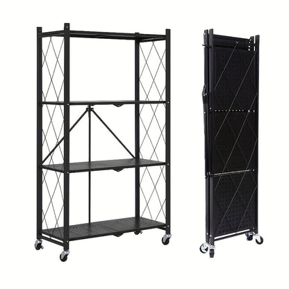 Storage Rack 3-5 Tier Foldable Shelving Unit with Wheels – Portable Multi-Layer Floor Standing Utility Shelf Organizer for Bedroom Closet