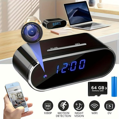 Security Camera 1080P Clock-Format Model with 64GB Card, Battery Power, Infrared Night Vision and Loop Recording