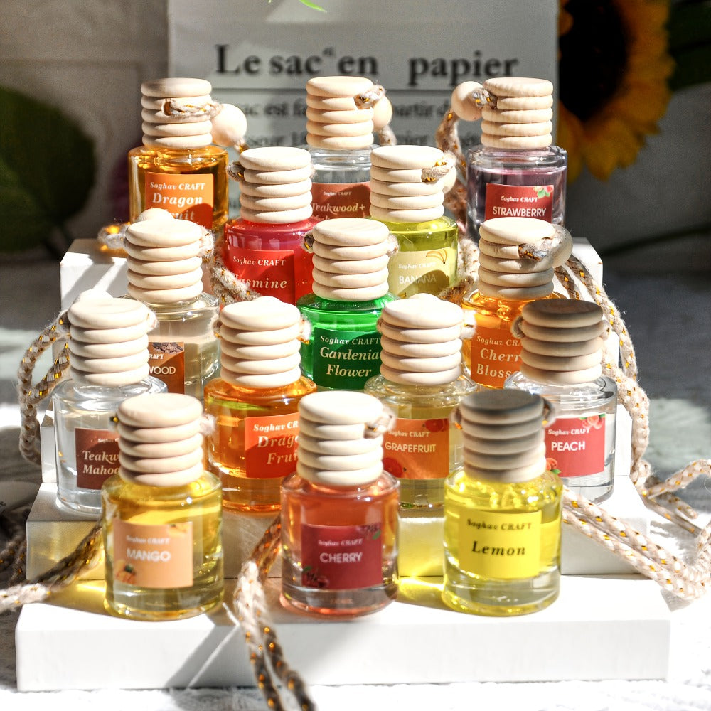 Car Air Freshener 18-Pack Hanging Diffuser Bottles with Six Random Scents and Adjustable Wooden Caps