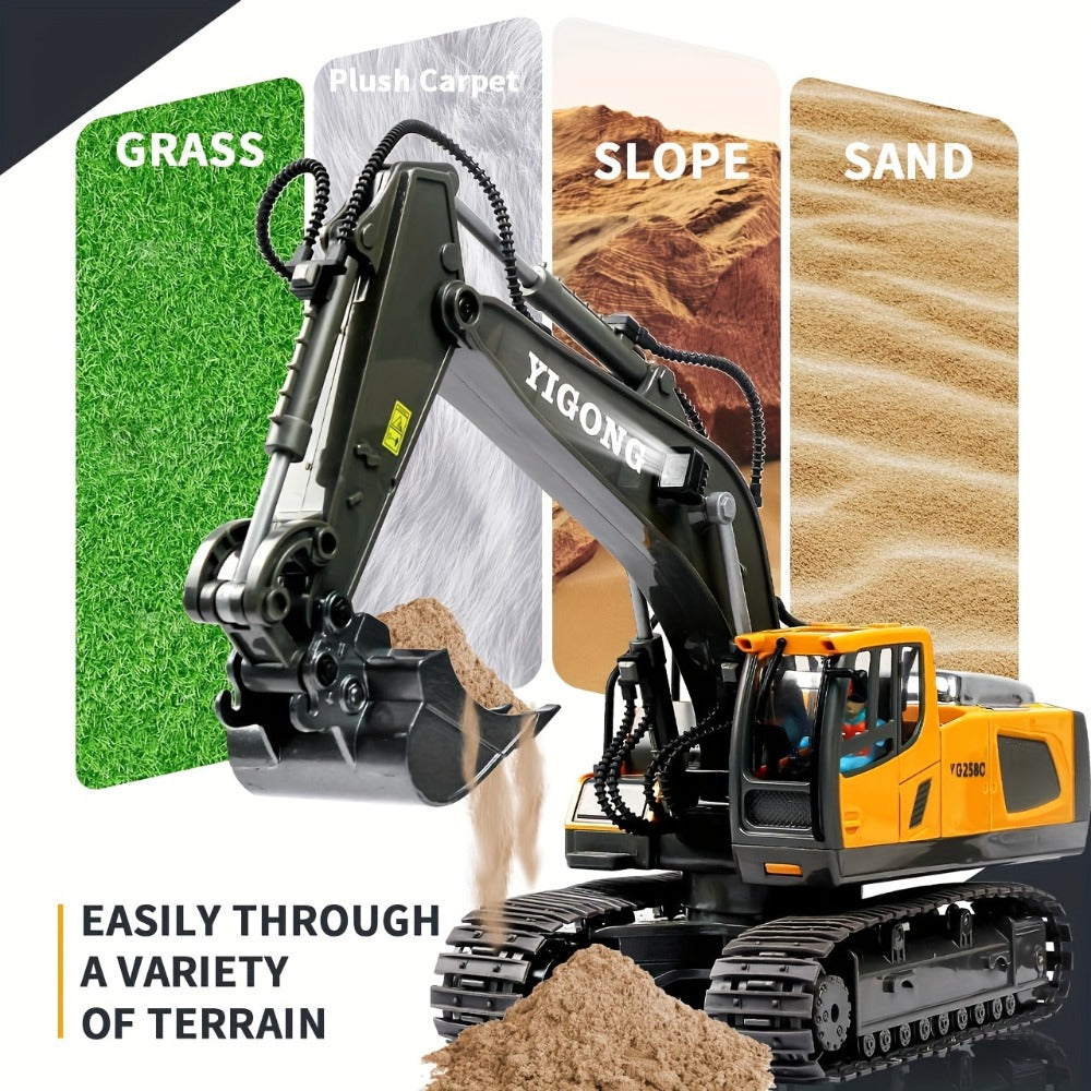 Remote Control Excavator Toy Set for Kids with Metal Shovel Bucket LED Lights & 1200mAh Rechargeable Battery