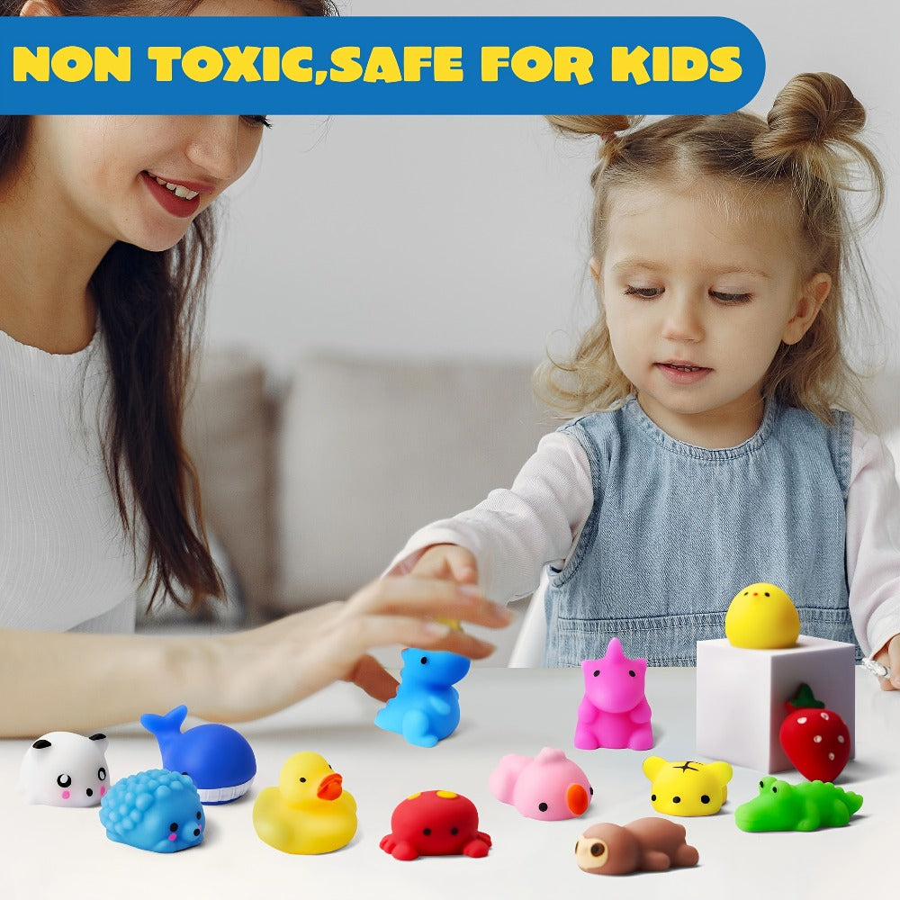 25-Piece Mini Mochi-Style Squishy Toy Set with Assorted Animal and Fruit Shapes from 1 to 1.38 Inches
