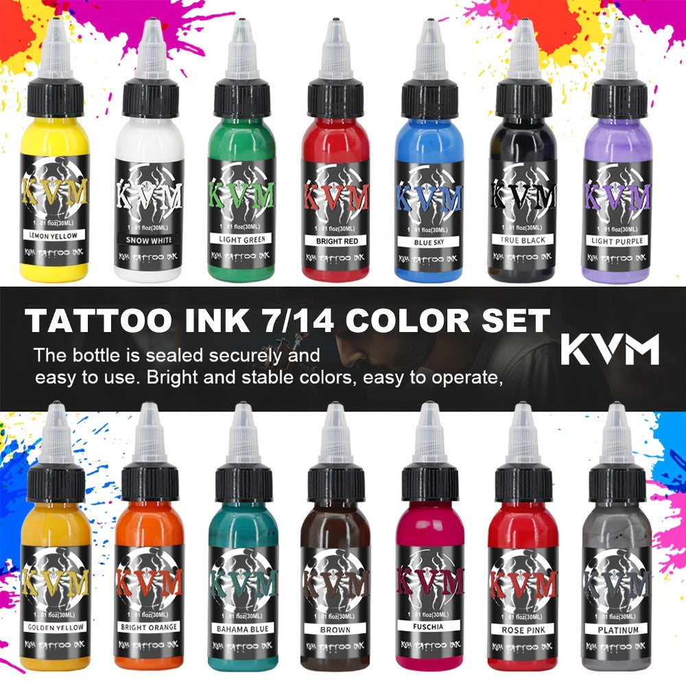 Tattoo Ink 7- or 14-Color Set with 1oz 30ml Bottles and Three Palette Configurations with Item-Specific Color, Capacity and Bottle Choices