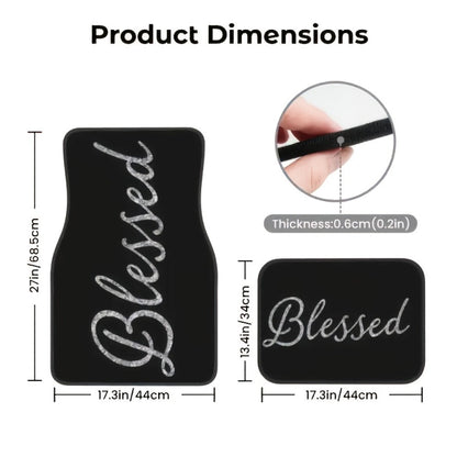 Blessed Script Car Floor Mats with Black Printed Surfaces in Two- or Four-Piece Set Options