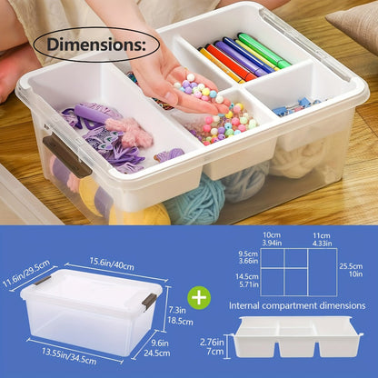 Two Clear Storage Boxes with Removable Divided Trays, Snap Lids, Black Carry Handles and Lower Compartments