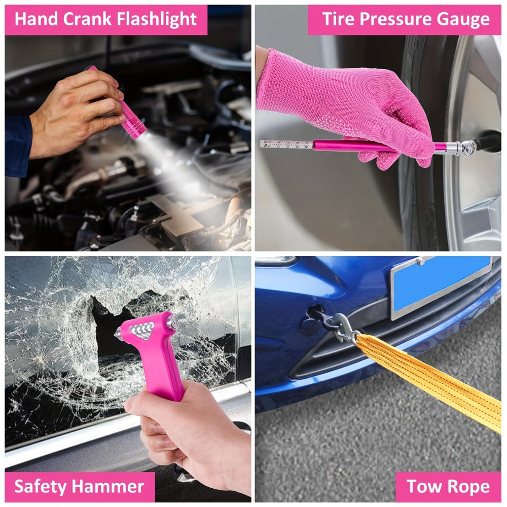 Car Roadside Emergency Kit Pink – Jumper Cables, Deer Whistles & Auto Safety Tool Set for Women, Winter Car Safety Roadside Assistance Kit