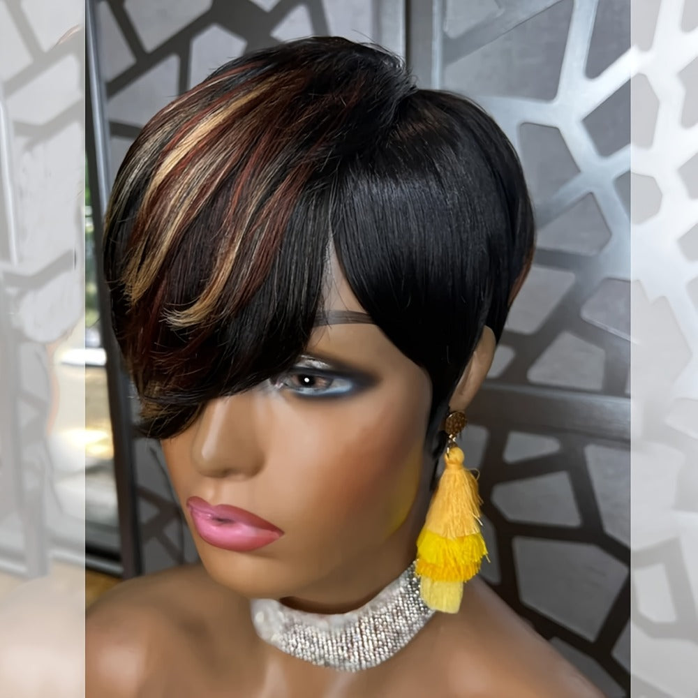 Synthetic Wig 4-Inch Layered Pixie with Bangs, Black-Blonde Look and Rose Net Cap for Daily Style
