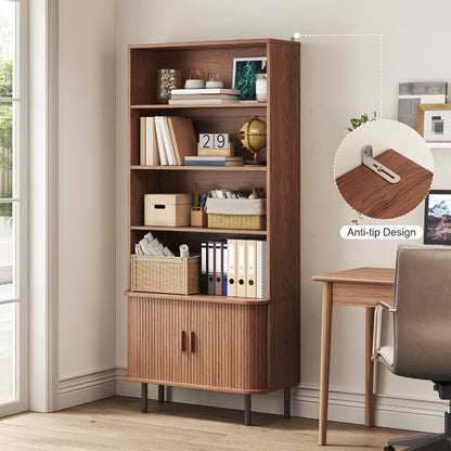 71-Inch Tall Bookcase with Adjustable Shelves and Sliding Doors for Living Room detail image - detail view 3