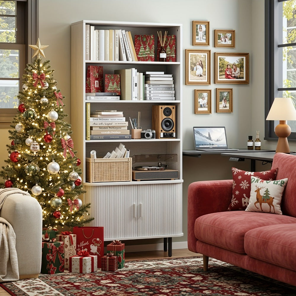 71-Inch Tall Bookcase with Adjustable Shelves and Sliding Doors for Living Room detail image - detail view 5