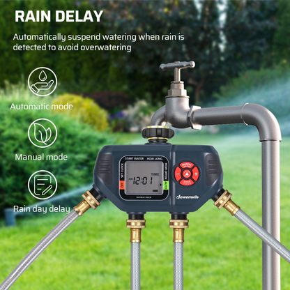 Four-Zone Digital Sprinkler Timer with Independent Water Outlets, LCD Screen, Manual Control and Rain-Delay Mode
