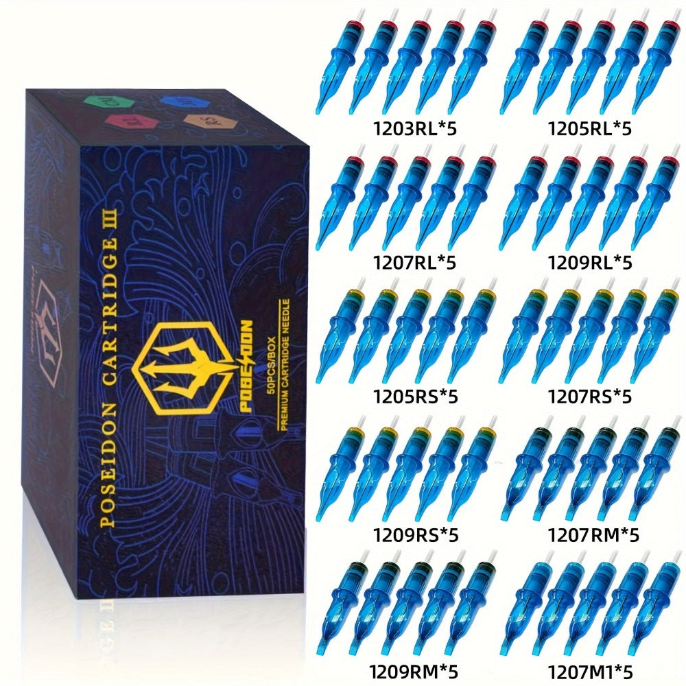 Tattoo Cartridge Needles 50Pcs Mixed Sizes - POSEIDON V3 Assorted Sterilized Cartridge for Temporary Body Art, Festivals and Costumes