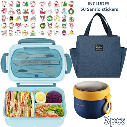 Sanrio Lunch Box Set 53pcs Bento Box with Thermal Bag Breakfast Cup Portable Sealed Compartment Microwave for Work Picnic School