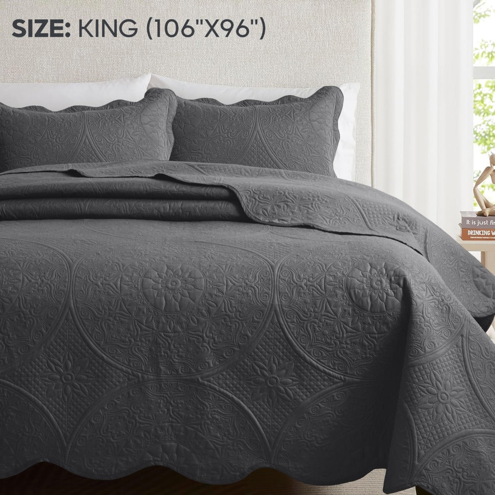 Floral-Pattern Three-Piece Bedspread Set in 16 Colors with Twin, Queen, King and California King Sizes