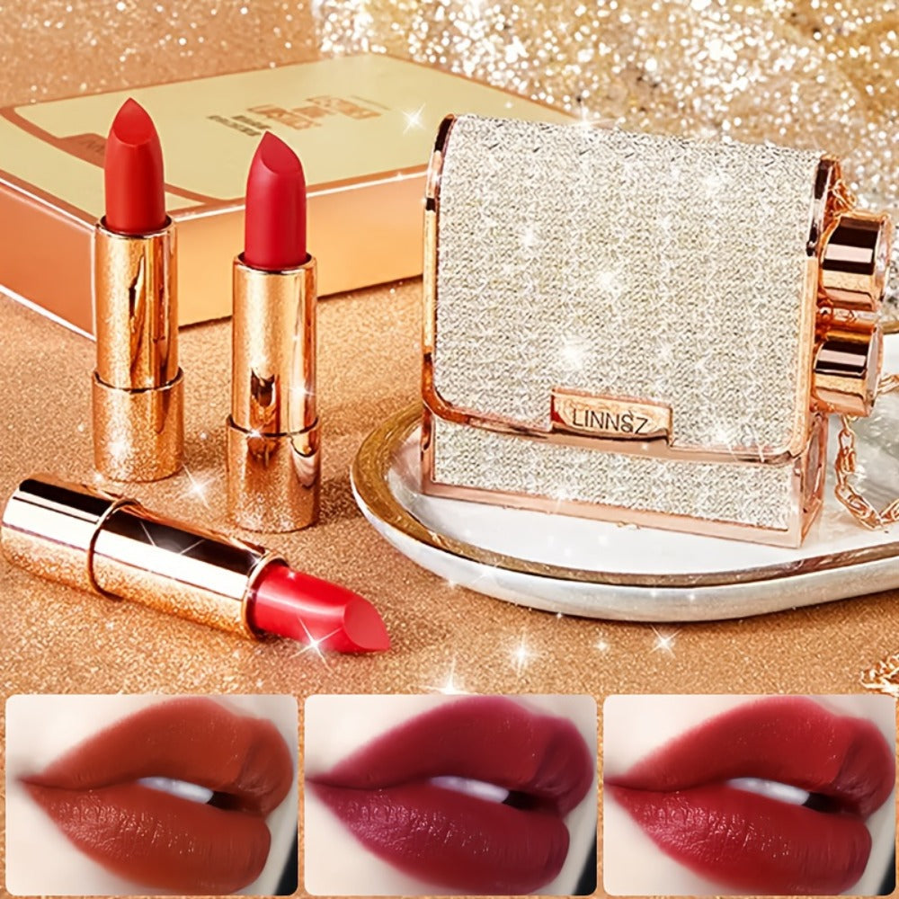 Matte Lipstick Gift Set 3 Pack Velvet Waterproof Long-Lasting Anti-Fading Intense Pigment Full Coverage Lip Color with Elegant Silvery Chain