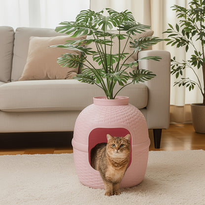 Hidden Litter Box Enclosure with Rattan Plant Design – Large Cat Litter Box Furniture, Waterproof PP, Easy Assembly