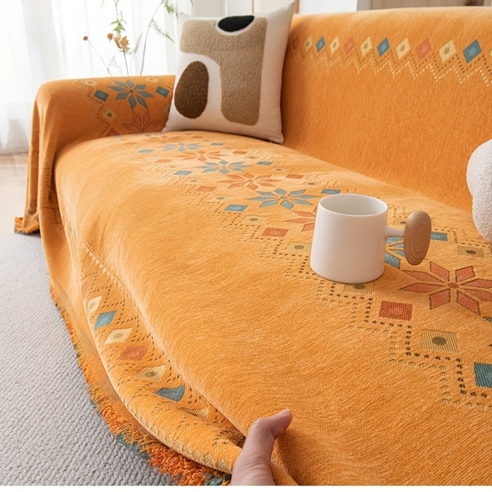 Sofa Cover Bohemian Embroidered Chenille Knit Throw with No Padding in Four Sizes and Five Colors