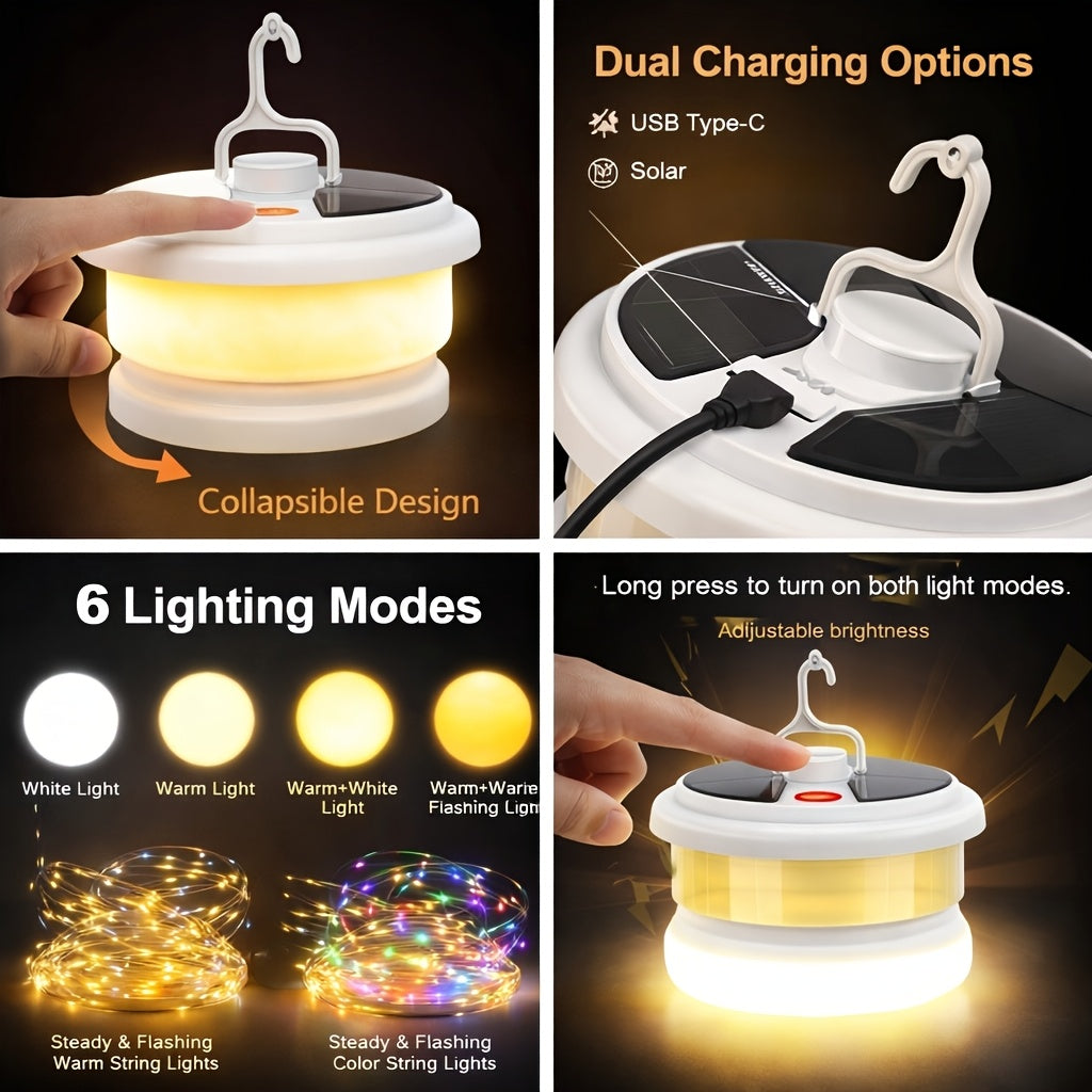 Solar Camping Lantern with Retractable 32.8ft String Lights, Six Modes, USB-C Port and Hand Crank