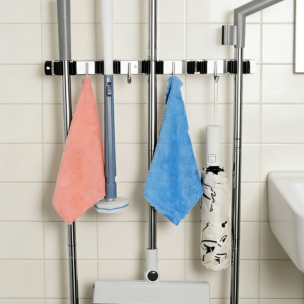 Mop and Broom Holder Wall Mount, Stainless Steel Self Adhesive Rack with 5 Slots & 4 Hooks