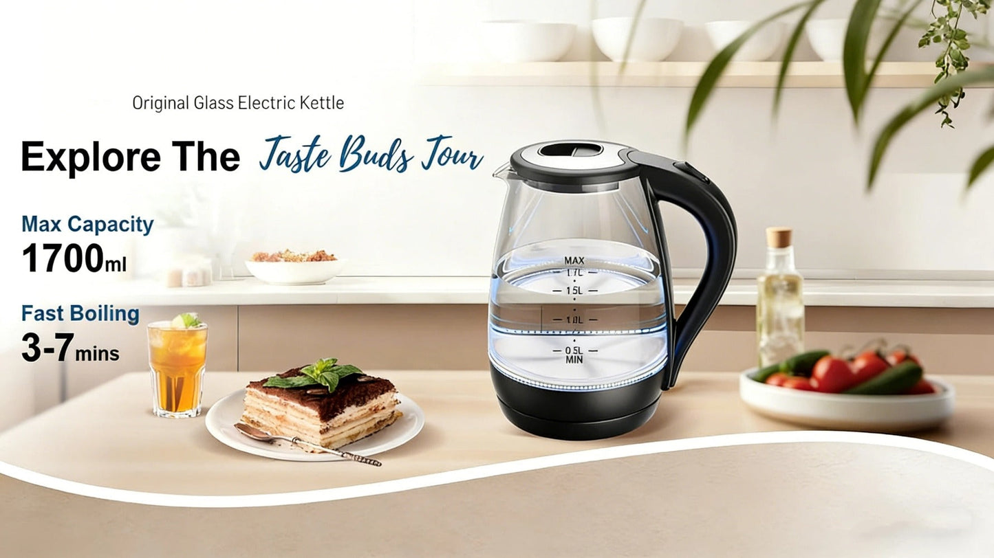 Electric Kettle 1.7L 1200W Borosilicate Glass with Blue LED, Auto Shut-Off and Cordless Base