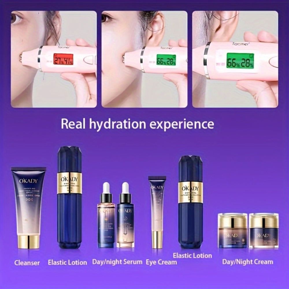 Skincare Set with OKADY Label, 8 Collagen and Hyaluronic Acid Product Items in Blue Gold Gift Box