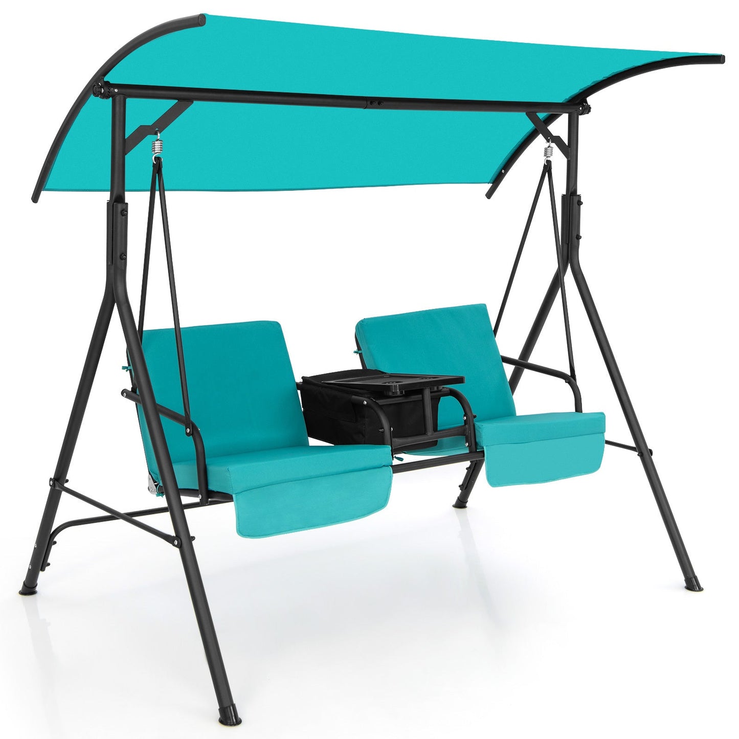 Patio Canopy Swing 2-Person with Cooler Bag Rotatable Tray Cushions 529lbs Backyard