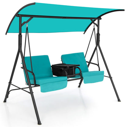 Patio Canopy Swing 2-Person with Cooler Bag Rotatable Tray Cushions 529lbs Backyard