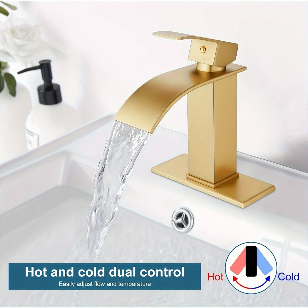 Waterfall Bathroom Sink Faucet, Single Hole or 3-Hole Mixer Tap with 6" Deck Plate, Ceramic Valve