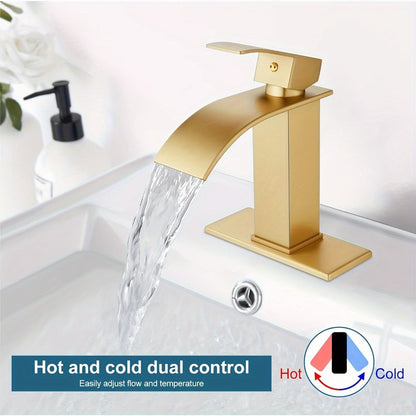 Waterfall Bathroom Sink Faucet, Single Hole or 3-Hole Mixer Tap with 6" Deck Plate, Ceramic Valve