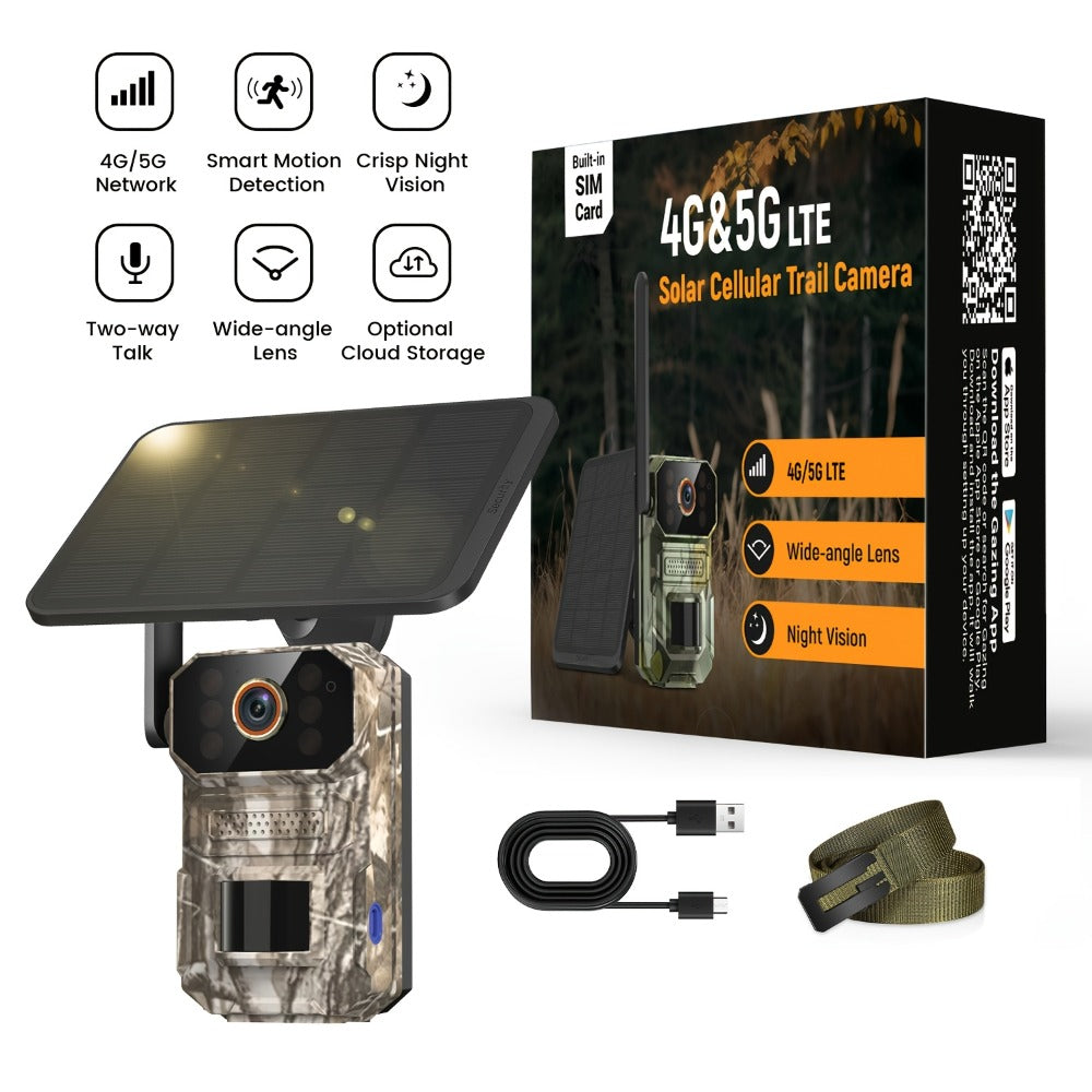4G LTE Cellular Trail Camera with Solar Panel, 4K Wildlife Monitoring Camera, PIR Motion Sensor, Infrared Night Vision