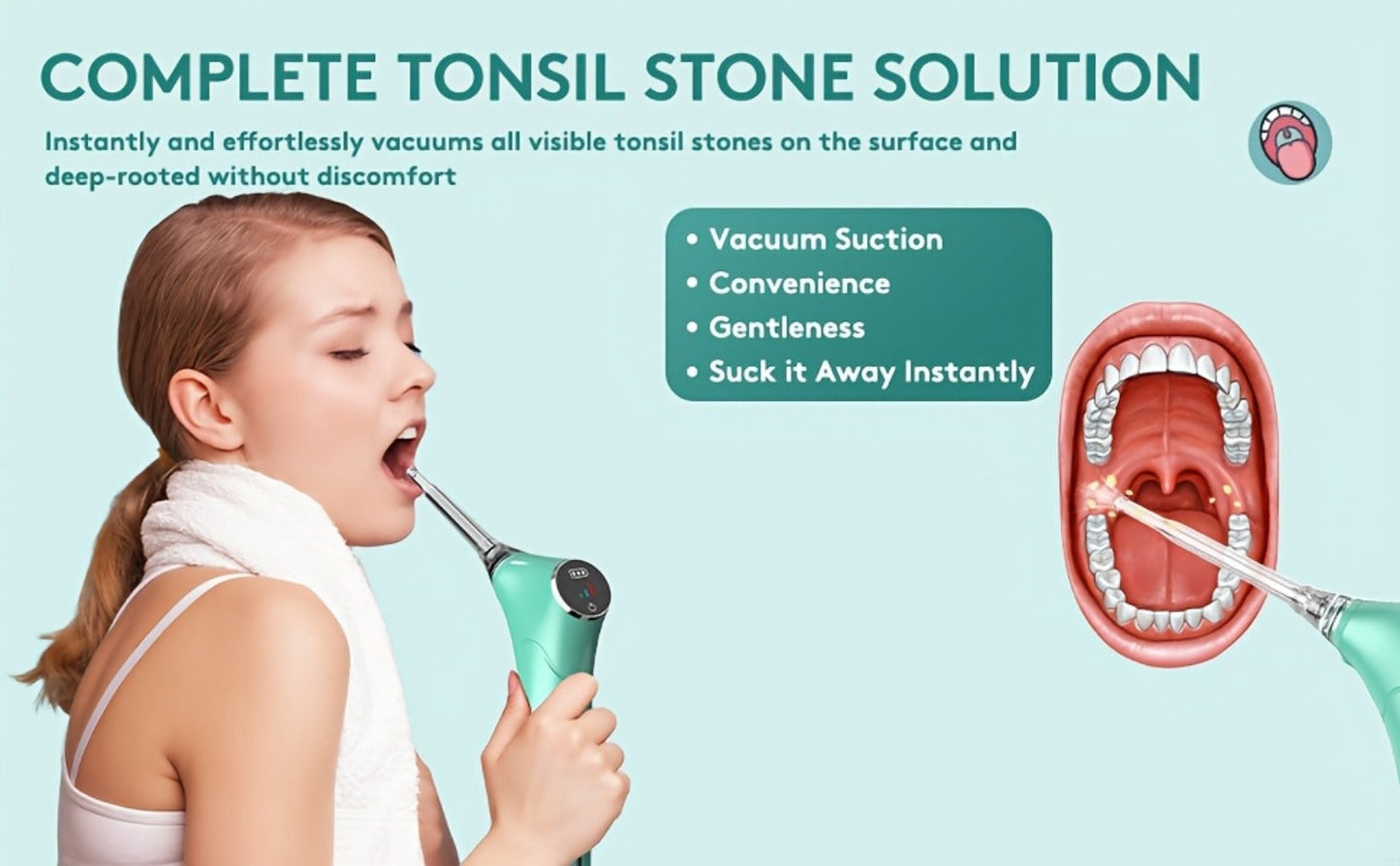 Tonsil Stone Remover Electric Vacuum Kit, Built-In LED Light, 3 Suction Modes & 5X Magnifying Mirror, Oral