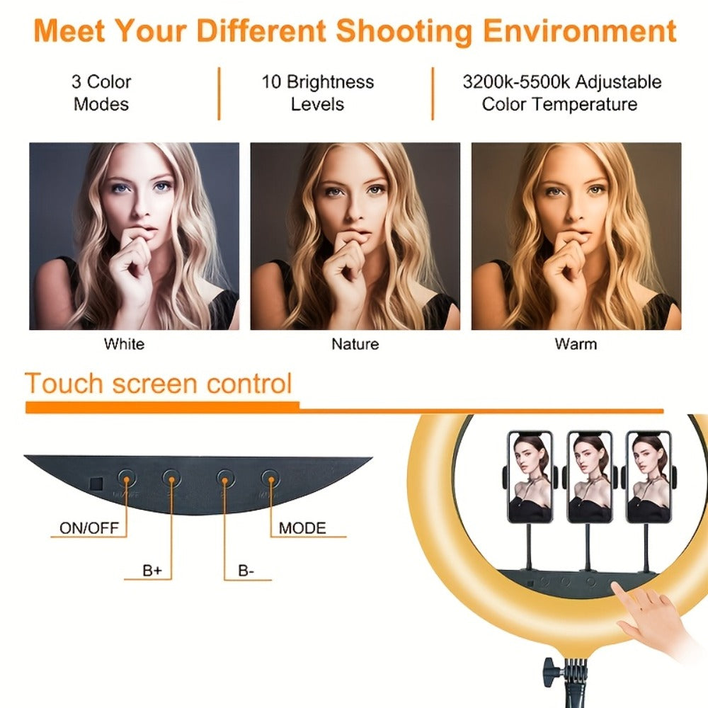 10- or 18-Inch Ring Light with Cable Power, Adjustable Brightness and Desktop or Floor Stand Options