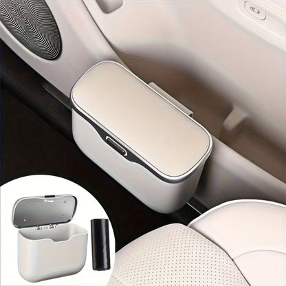Slim Beige Car Trash Bin with Push Lid, Snap-On Mount, 17.1 cm Width and Included Liner Bags
