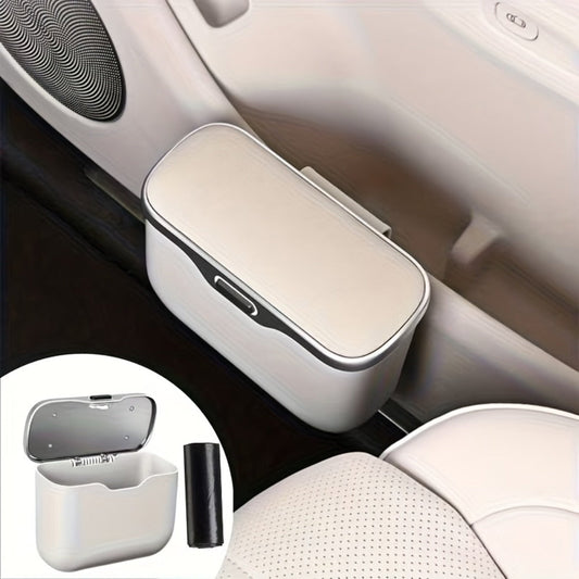 Slim Beige Car Trash Bin with Push Lid, Snap-On Mount, 17.1 cm Width and Included Liner Bags