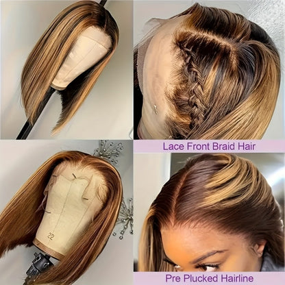 Lace Front Wig P4/27 Honey-Highlight Straight Bob, 8-14 Inch Human Hair with 5x1 Front and 180% Density