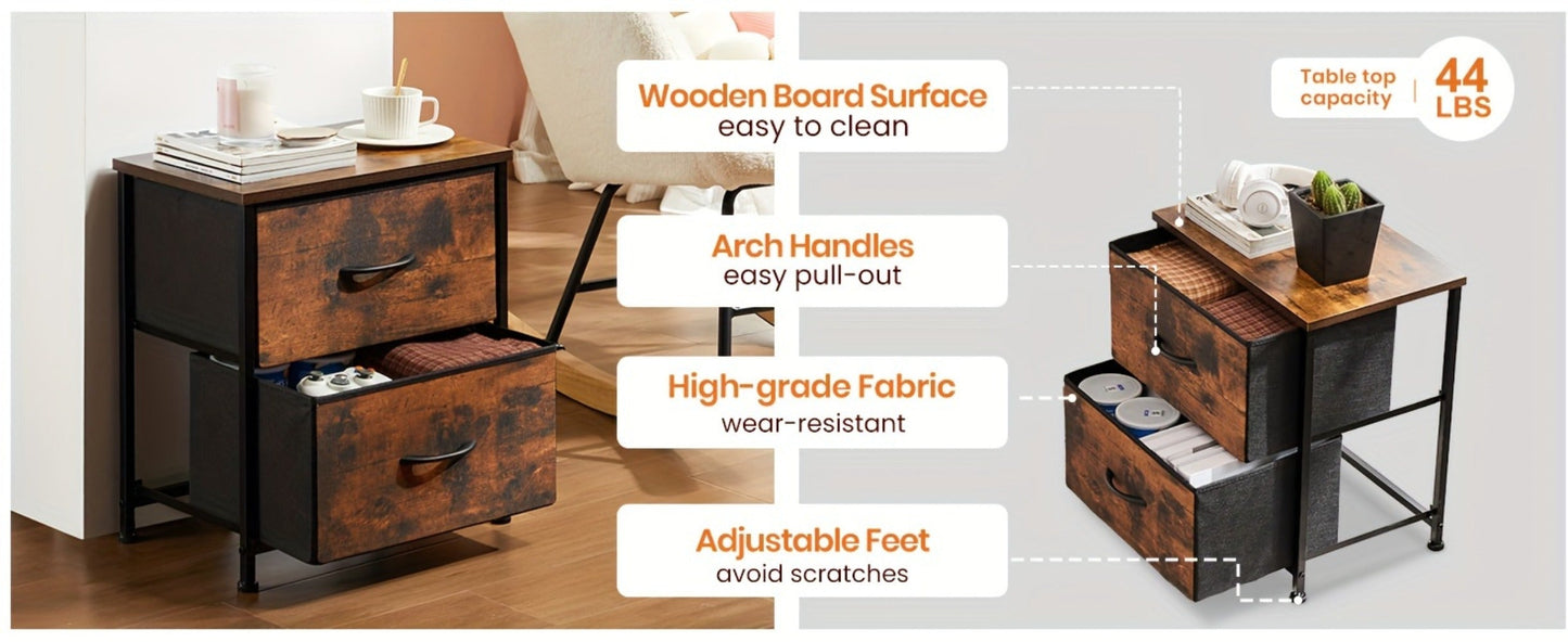 Nightstand with 2 Storage Drawers, 20" Bedside Table with Wooden Top & Fabric Cabinet, Steel Frame Mini Dresser for Bedroom