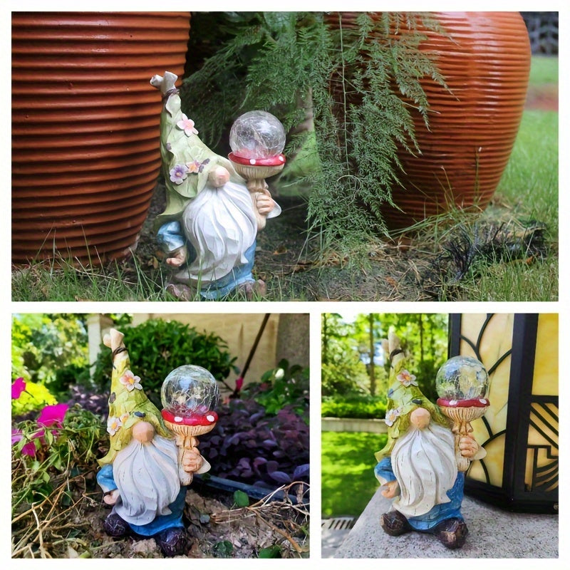 Solar Garden Gnome Statue with LED Magical Ball Light Outdoor Resin Dwarf Sculpture IP44 Waterproof Spring Yard Patio Decor Housewarming