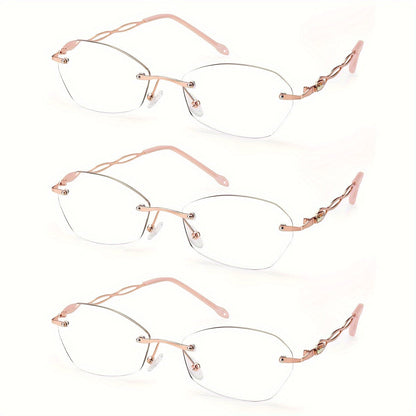 Reading Glasses – Three-Pair Rimless Metal Readers in Multiple Colors and Strengths with Multiple Strength and Color Options