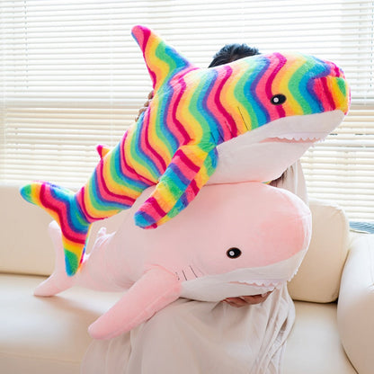Plush Toy Jumbo Shark Pillow 24-Inch in Blue, Grey, Blue-Pink or Rainbow Colorways and Ocean Decor