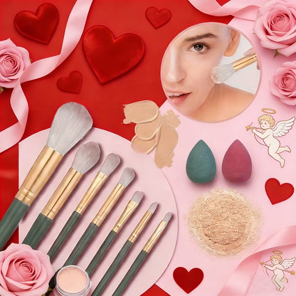 Full Face Makeup Gift Set for Women, Foundation, 18-Color Eyeshadow Palette, Coral Lipstick & Eyebrow Pencil