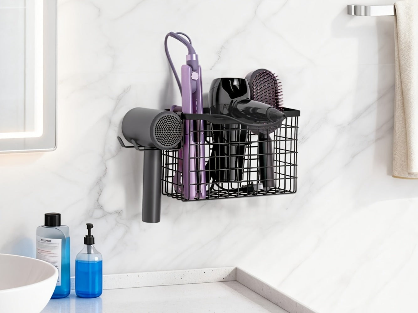 Hanging Hair Tool Organizer with Adjustable Mounting Height, Wire Basket and Black or White Finish