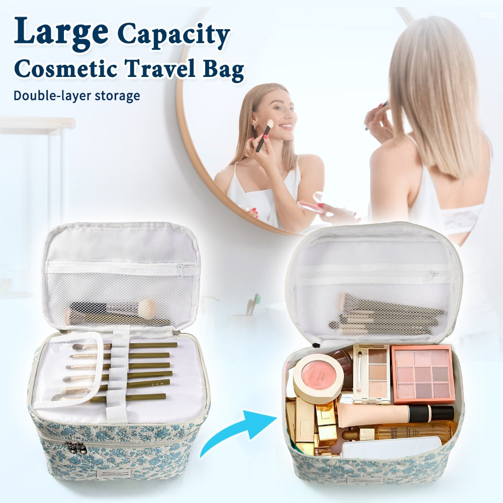 Quilted Floral Makeup Bag Set 3PCS Large Capacity Dual Layer Cotton Cosmetic Bags Coquette Aesthetic Travel Toiletry Organizer Gift