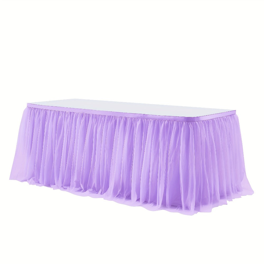 Six-Foot Gathered Tulle Table Skirt with Ten Solid or Multicolor Options for Parties and Events