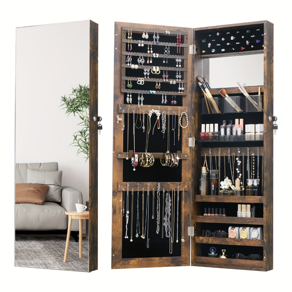 Full Length Mirror Jewelry Armoire Cabinet, 2-in-1 Lockable Over the Door Mirror with Jewelry Storage, Makeup Organizer with Baskets Bins