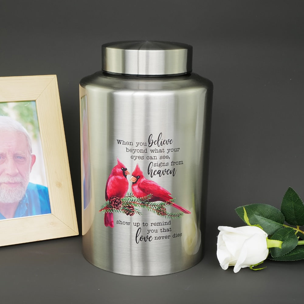 Cremation Urns for Human Ashes Large, Stainless Steel Memorial Urn Holds, Decorative Butterfly Cardinal Fairy Design